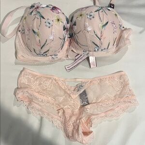 Victoria's Secret Floral Embroidered Bra and Panty Set - Soft Pink